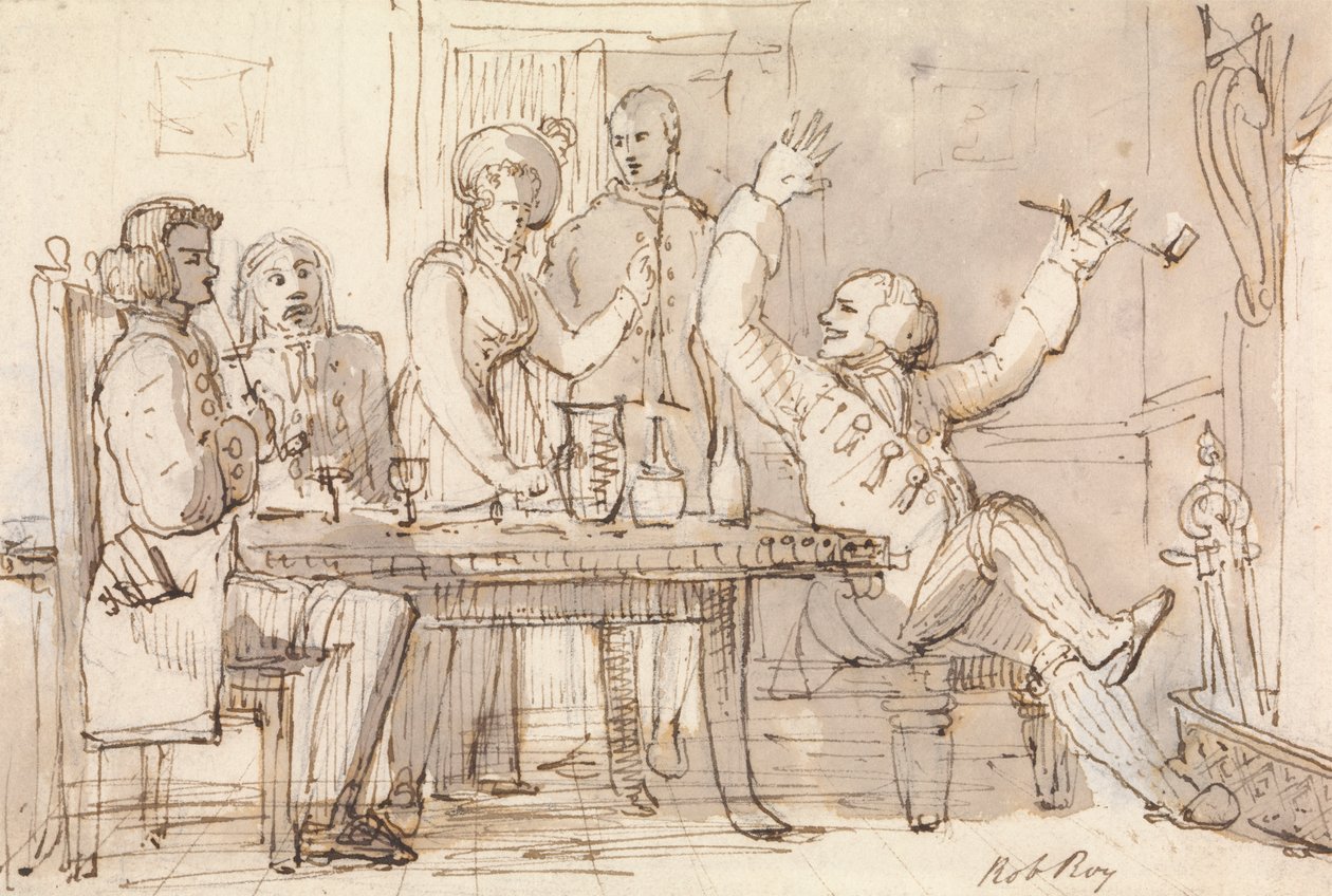 En illustration til Rob Roy: Interiør med en festdrikning af William Henry Pyne