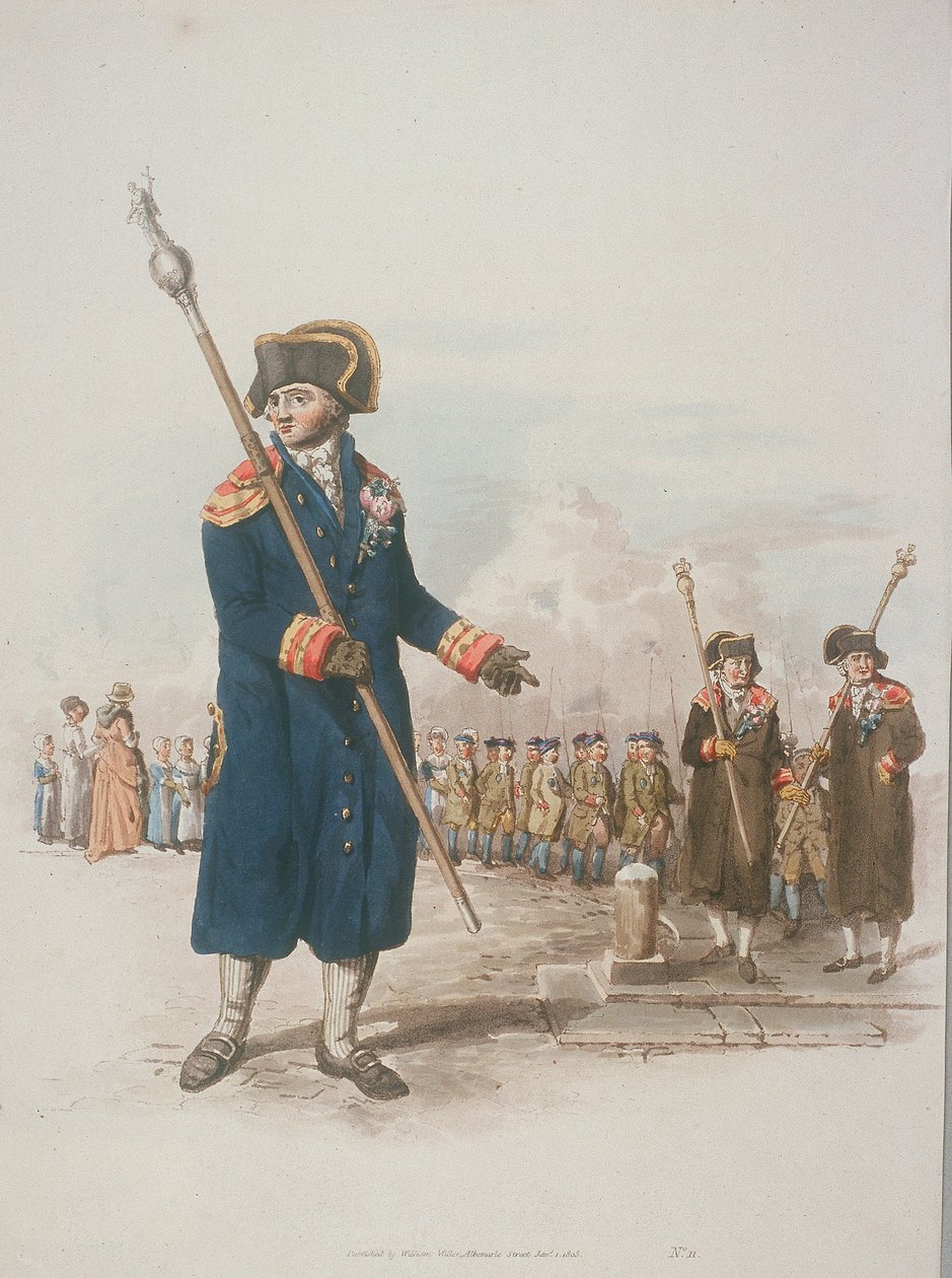 Parish Beadle i borgerdragt med en stav, 1805 af William Henry Pyne