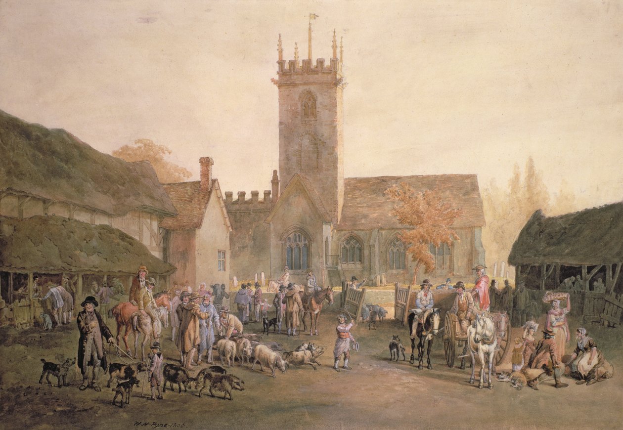 Pigmarket in the Yard of The Fountain Inn, Bedford, 1806 (blyant, wc og kropsfarve) af William Henry Pyne