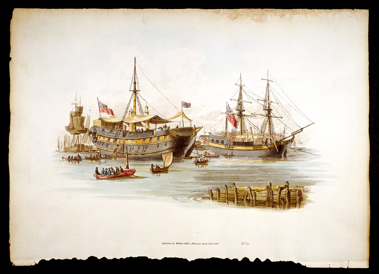 Fængslet sender hulker eller bud i Themsen ud for Tower of London, 1805 af William Henry Pyne