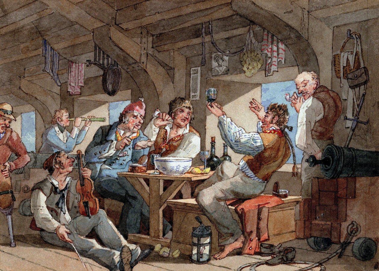 Sømænd, der drikker på skibets nederste dæk, scene med violinist og piberyger, linned, der ligger på et reb, og udstyr om bord (sværd, gevær, kanon, lampe) af William Henry Pyne