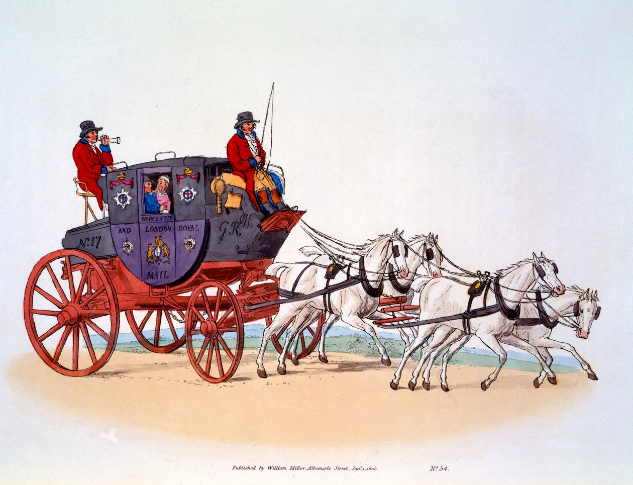 Stagecoach, The Worcester og London Royal Mail, 1808 af William Henry Pyne