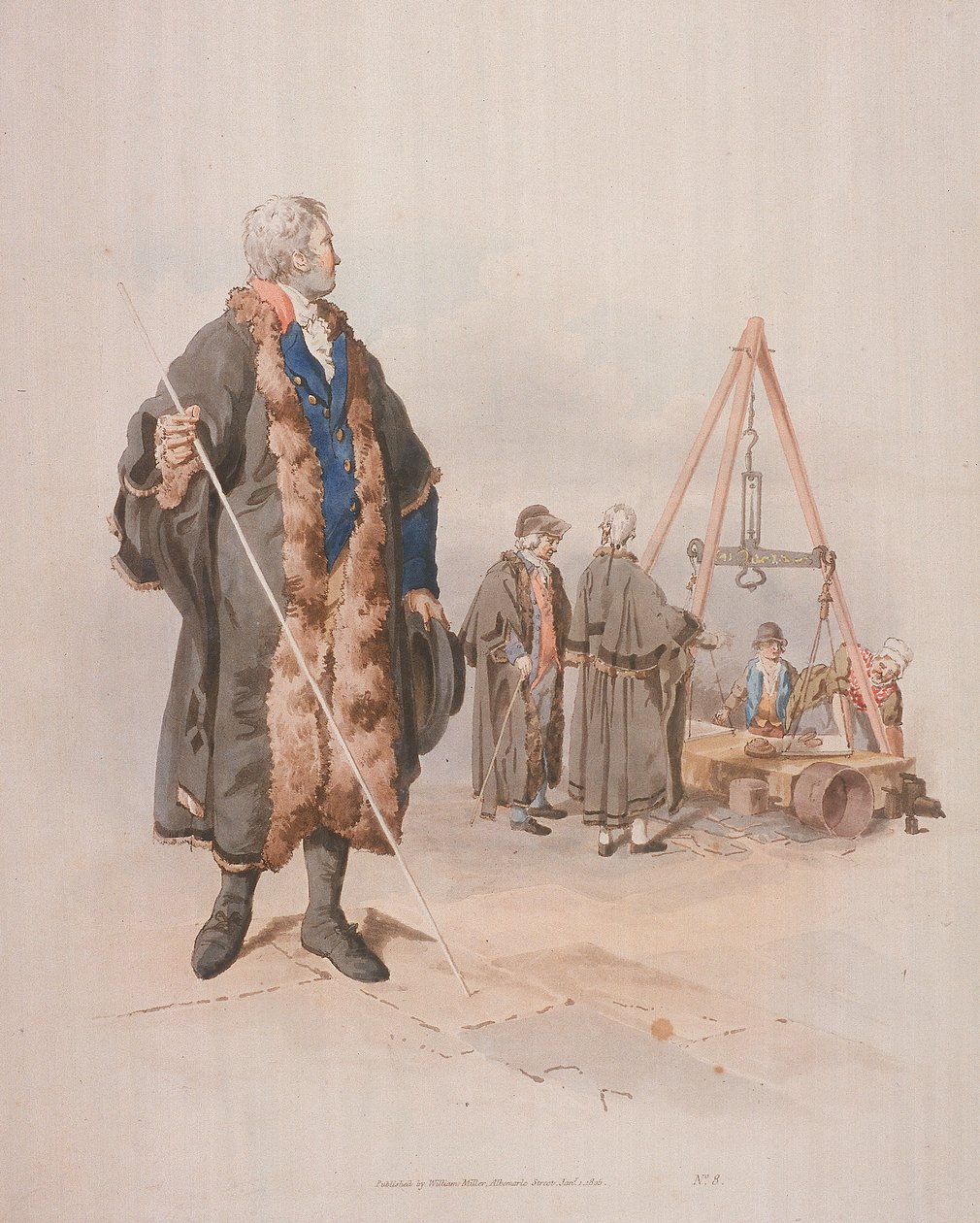 Ward Beadle i borgerdragt, med en stav, ved en Wardmote-undersøgelse, 1805 af William Henry Pyne