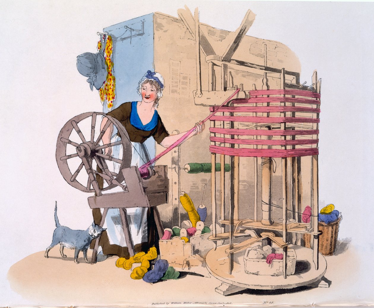 Kvinde, der spinder uld på en roterende maskine til fremstilling af spind, 1808 (håndkoloreret akvatint) af William Henry Pyne
