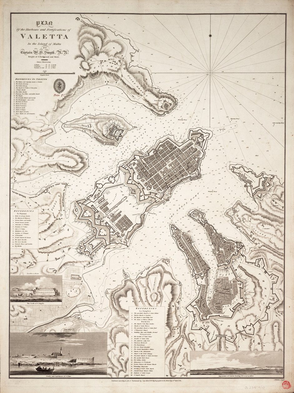 Plan over havnene og befæstningerne i Valetta på øen Malta, ca. 1821 (kobberstik) af William Henry Smyth