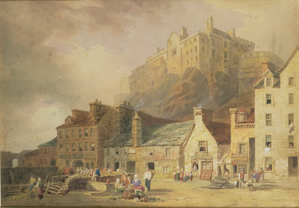 Edinburgh Castle fra Grass Market, der viser Little West Port, ca. 1820 (wc og sepia) af William Henry Stothard