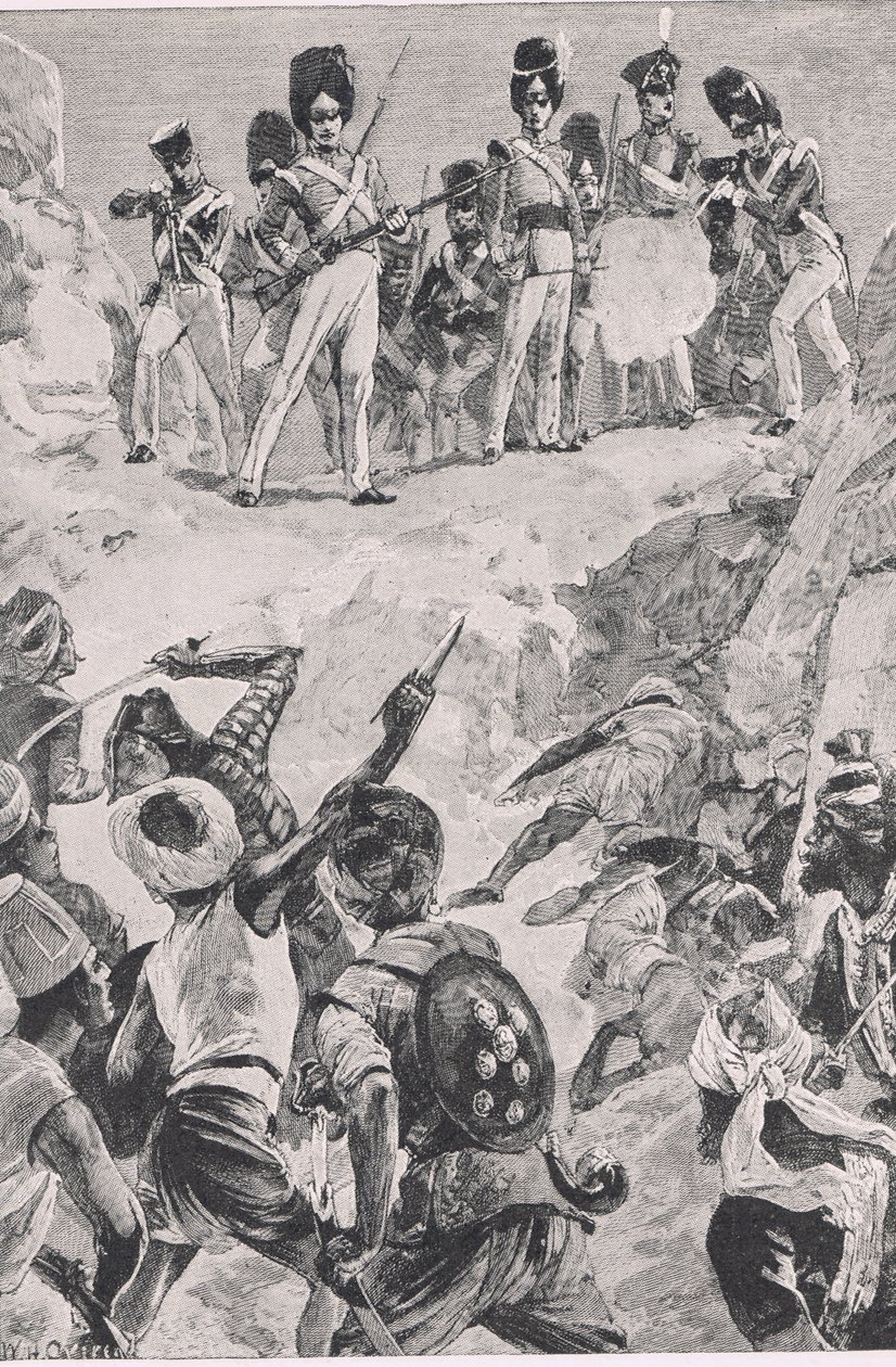 Carmichaels tilhængere affyrede en salve ind i den tætte klynge af mænd: Slaget ved Bharatpur 1826 , illustration fra British Battles on Land and Sea , 1915 af William Heysham Overend