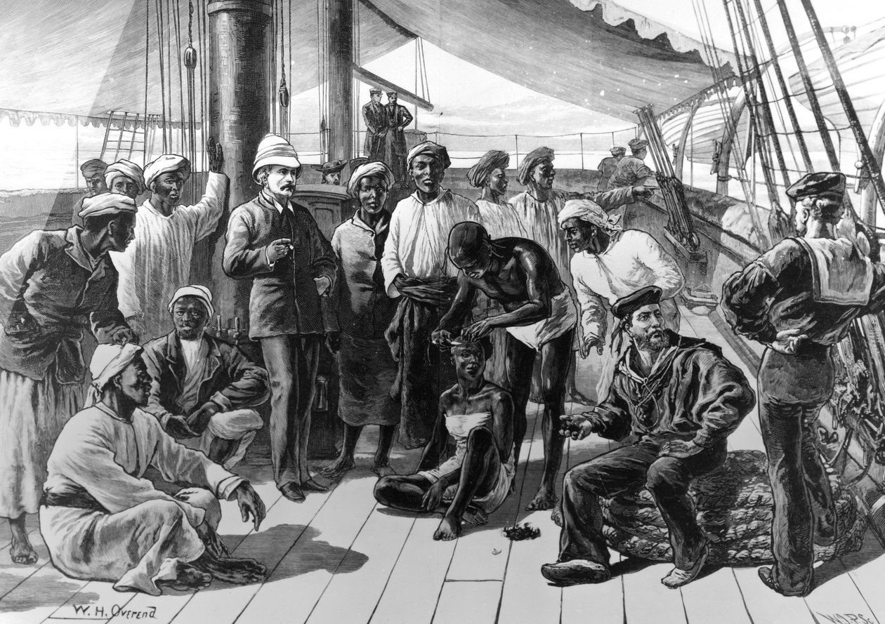 Stanley og nogle af hans afrikanske tilhængere om bord på HMS Industry, offentliggjort i 