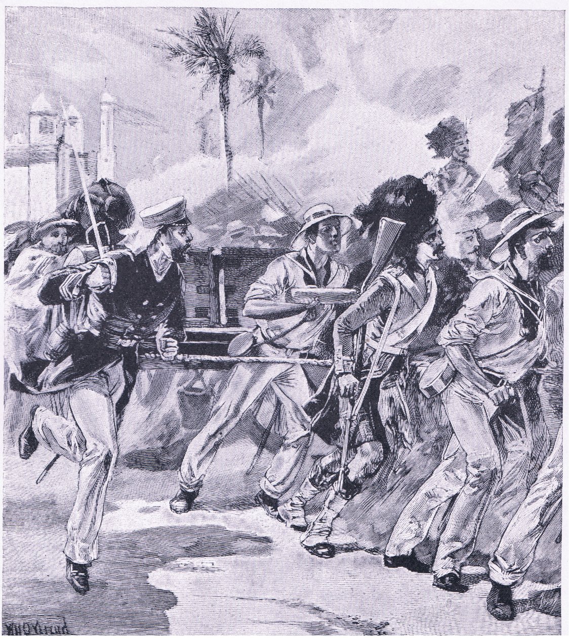 Flådebrigaden fra HMS Shannon i Lucknow, november 1857, illustration fra British Battles on Land and Sea, 1915 af William Heysham Overend