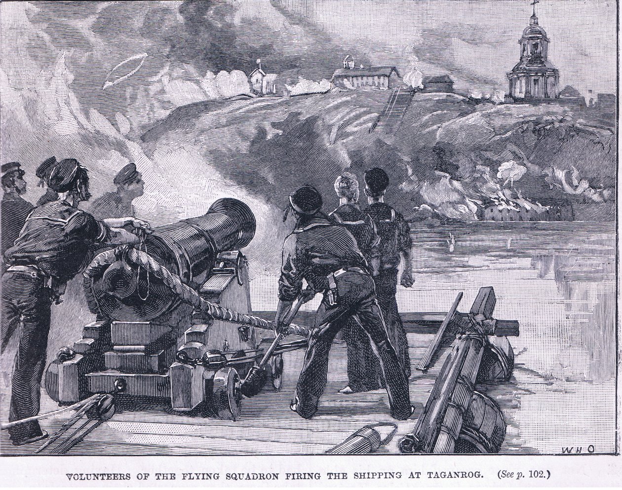 Frivillige fra den flyvende eskadron skyder på skibsfarten ved Taganrog 1855 AD af William Heysham Overend