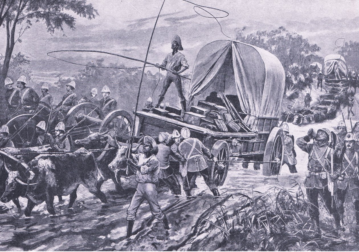 Zulu War: The Estowe Relief Force crossing a stream, april 1879, illustration fra British Battles on Land and Sea, 1915 af William Heysham Overend