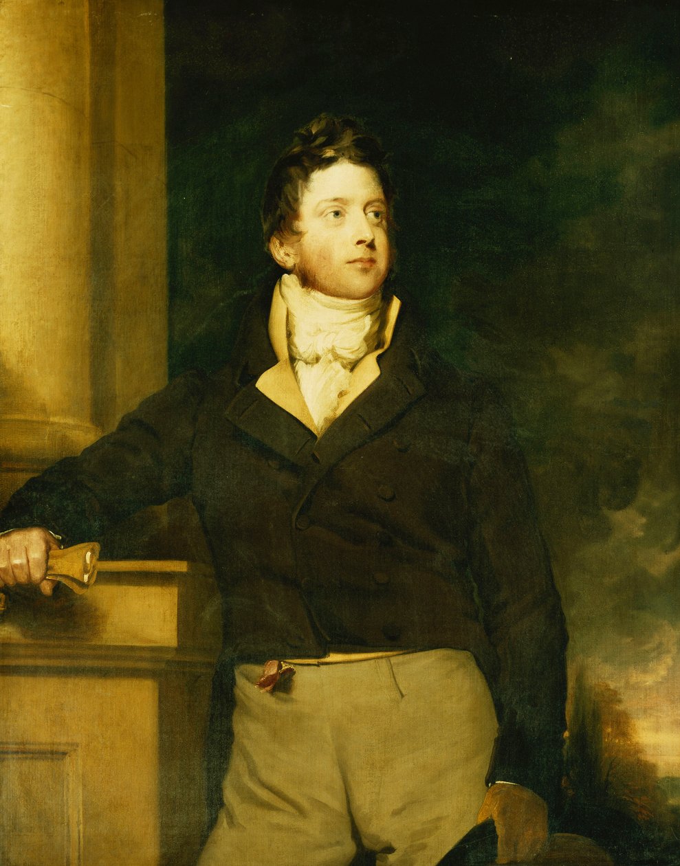 Portræt af en gentleman, stående, trekvart længde, iført en brun jakke med hvid jabot, i et landskab, af William Hilton