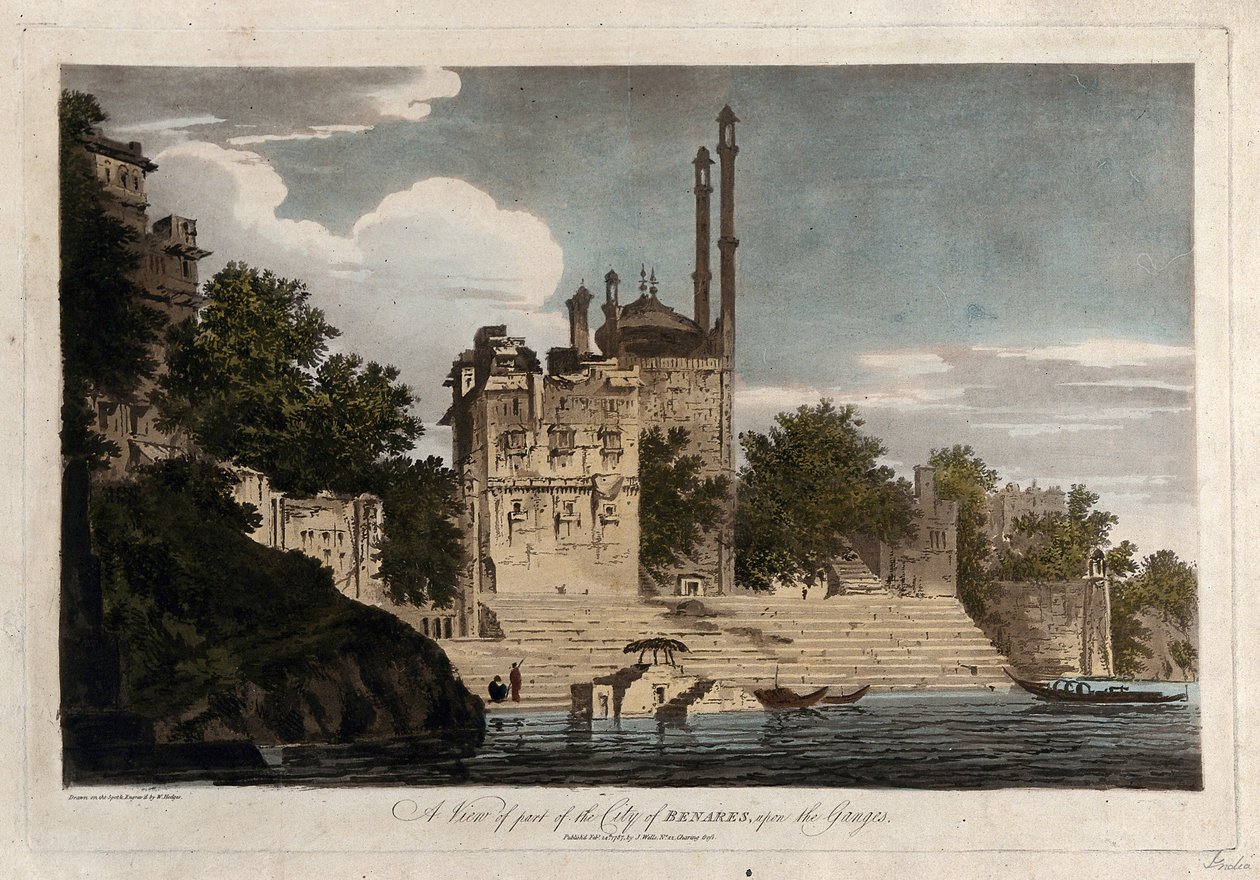 Udsigt over en del af byen Benares ved Ganges af William Hodges