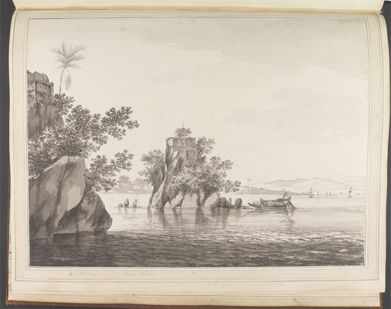 Udsigt over en isoleret klippe i floden Ganges ved Jangerah [Jahangira] af William Hodges