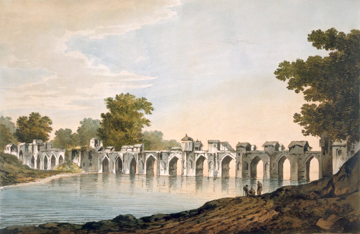 Udsigt over broen ved Ilionpoor over floden Goomty, pub. 1785-88. af William Hodges