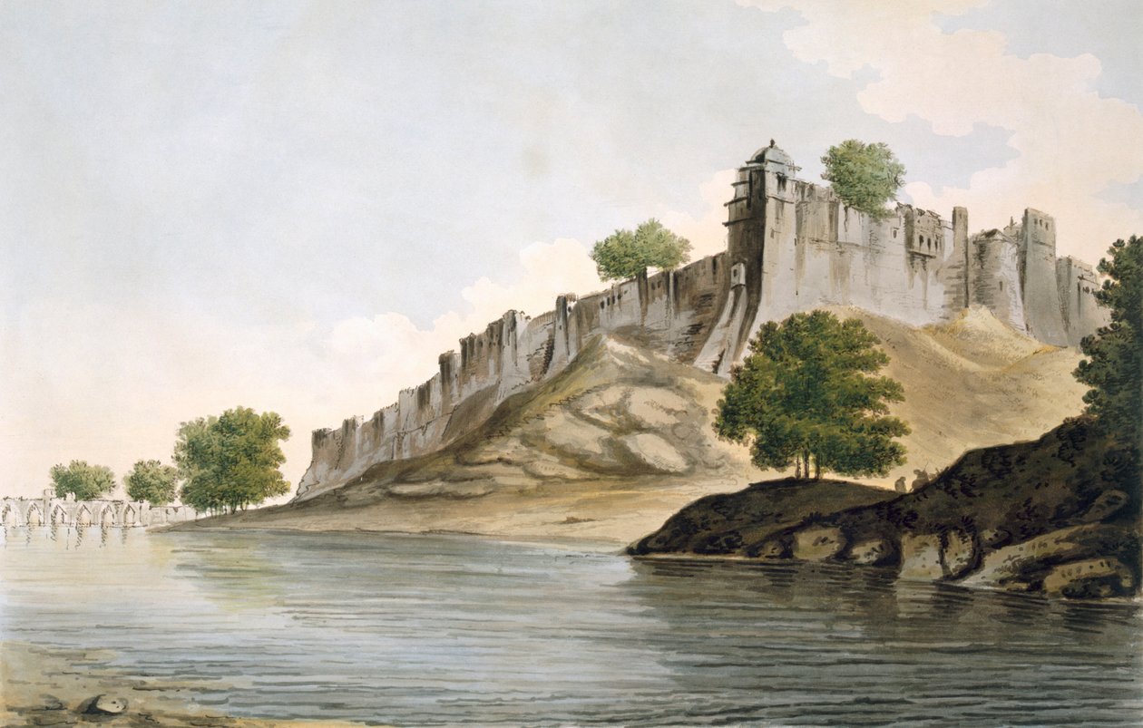 En udsigt over Fort of Ilionpoor ved bredden af floden Goomty, pub. 1785-88. af William Hodges