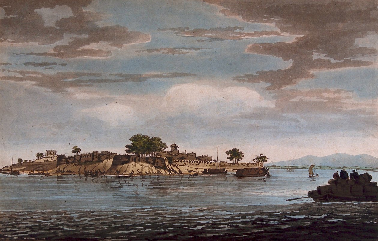 En udsigt over fortet Mongheer ved bredden af Ganges-floden af William Hodges