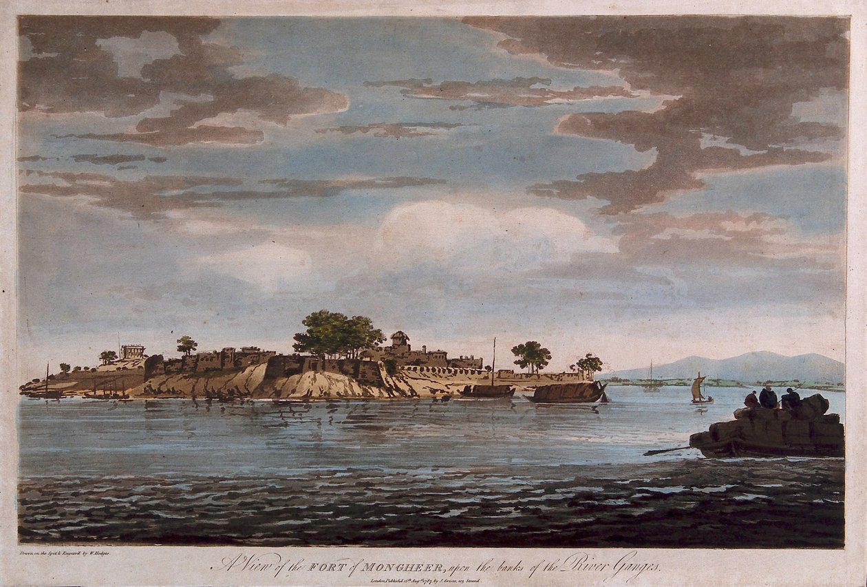 En udsigt over fortet Mongheer ved bredden af Ganges-floden af William Hodges