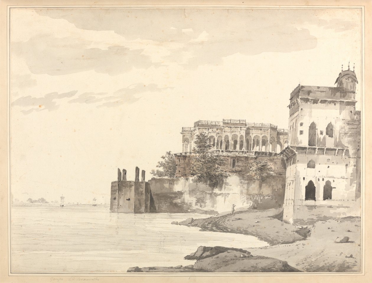 Et billede af ruinerne af et palads i Gazipoor [Ghazipur] ved Ganges-floden af William Hodges
