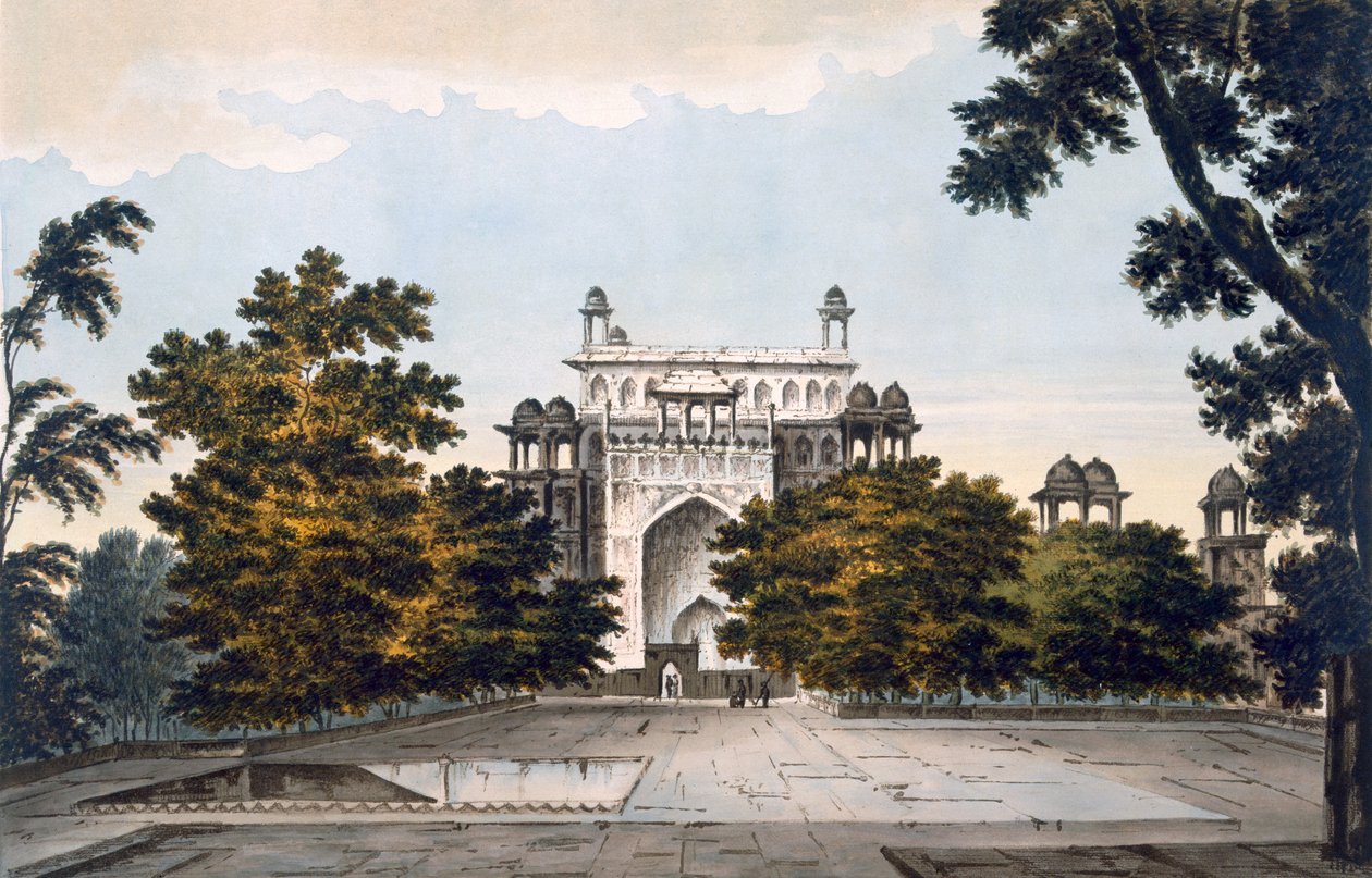 Udsigt over en del af kejser Akbars grav ved Secundru, 1785-88 (farvet akvatint) af William Hodges