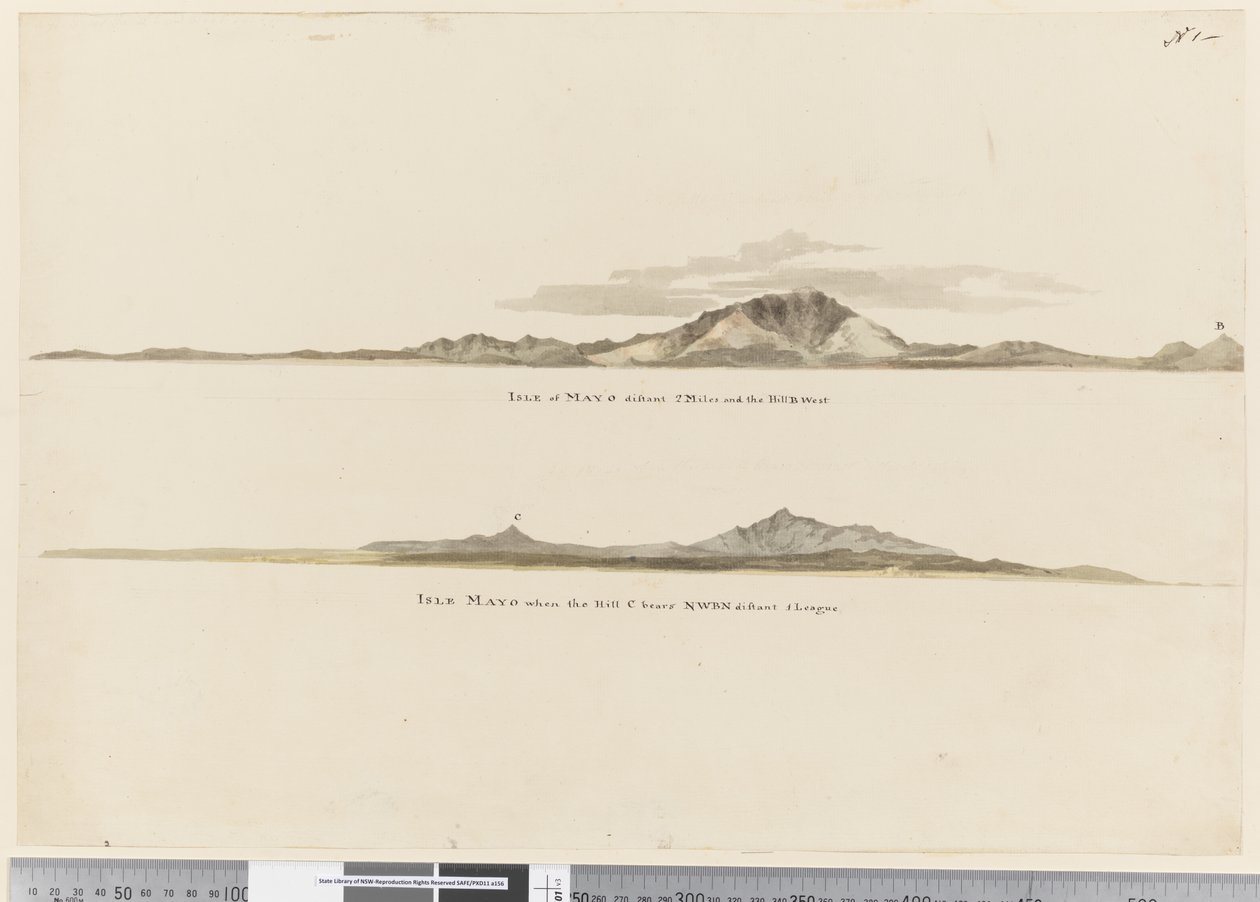 Page 1 a) Profil af kysten af Isle of Mayo, Kap Verde-øerne. (b) Profil af kysten af Isle of Mayo Kap Verde-øerne, set mod nordvest af William Hodges