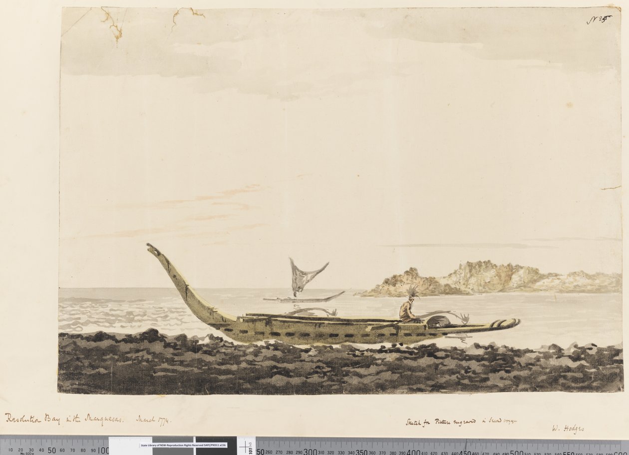 Side 25 Resolution Bay i Marquesas. 1774 af William Hodges