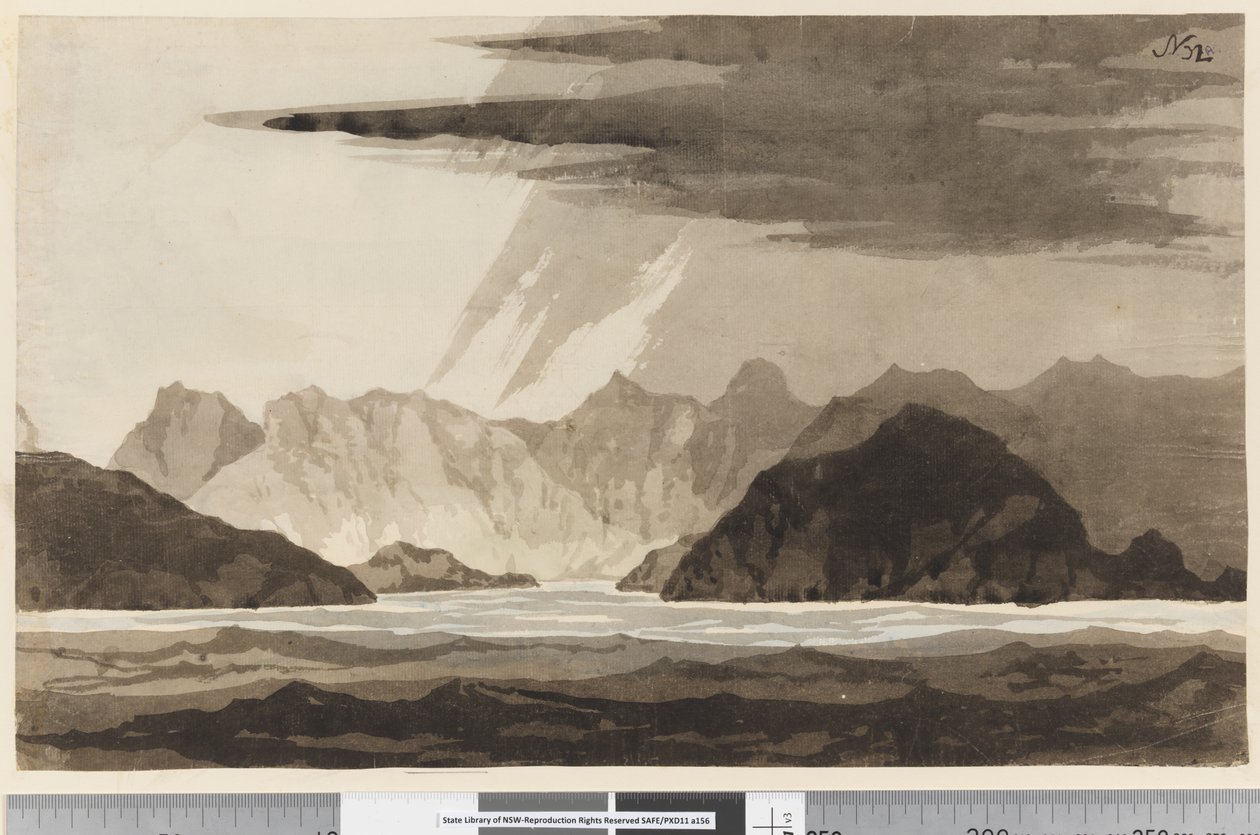 Side 32a Udsigt, muligvis af Dusky Bay, New Zealand af William Hodges