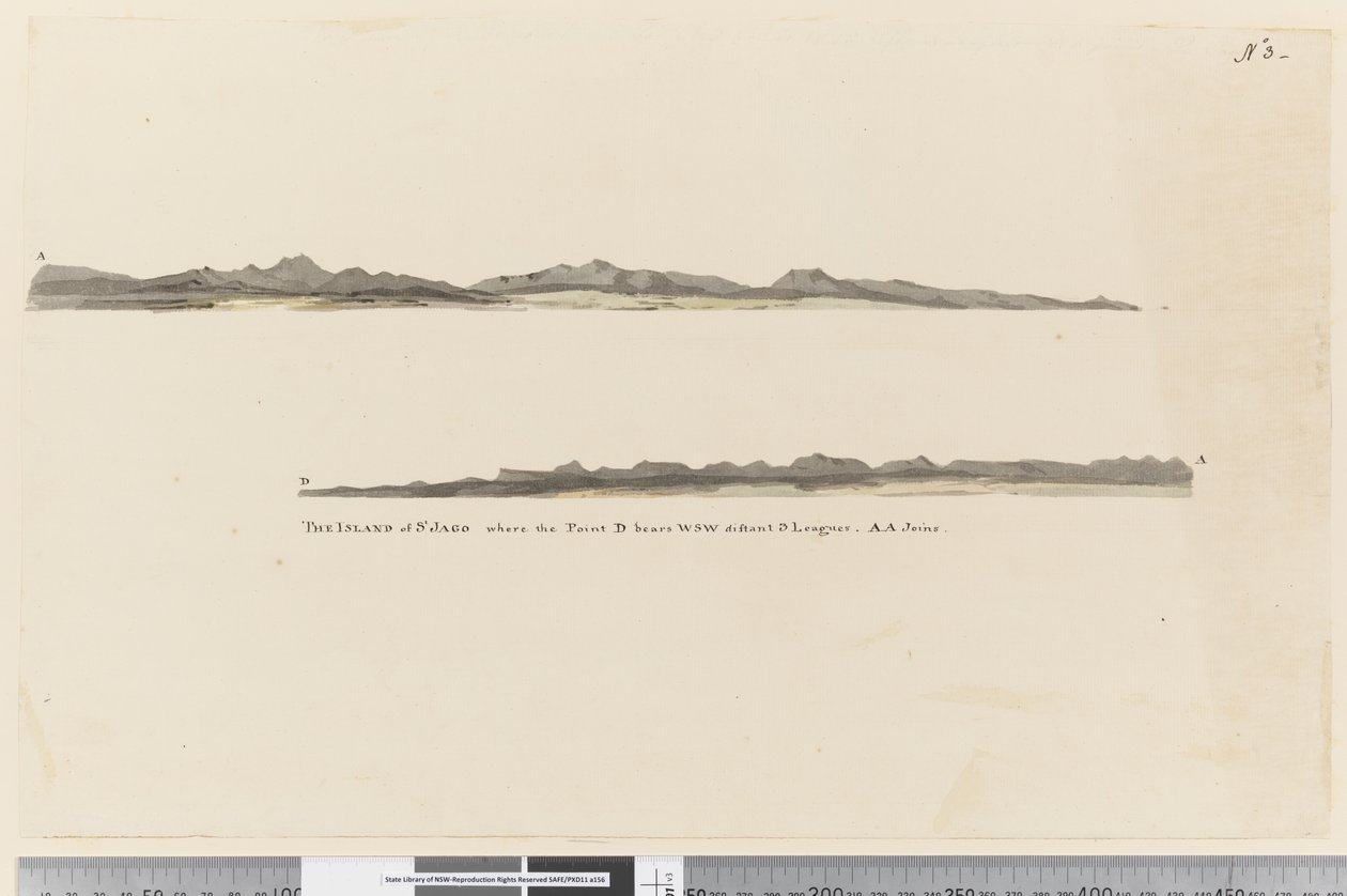 Side 3 Profil af øen St. Jago, Kap Verde-øen. Med titlen The Island of St Jago, hvor punktet D bærer WSW fjerne 3 ligaer. AA er med af William Hodges