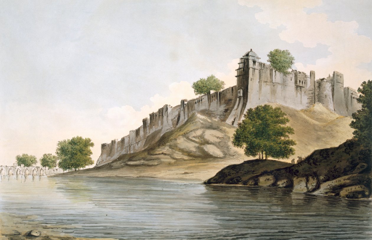 Pl. 33 A View of the Fort of Ilionpoor upon the Banks of the River Goomty fra "Select Views in India", pub. 1785-88 (farvet ætsning med akvatint) af William Hodges