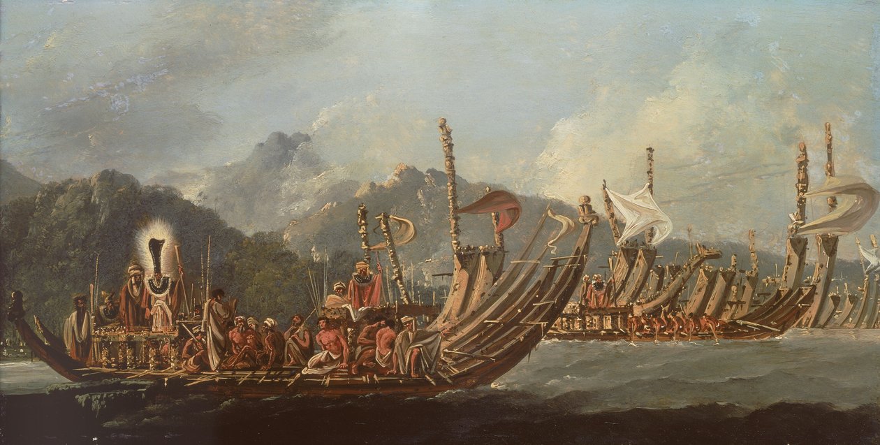 Gennemgang af krigsgaljerne på Tahiti af William Hodges