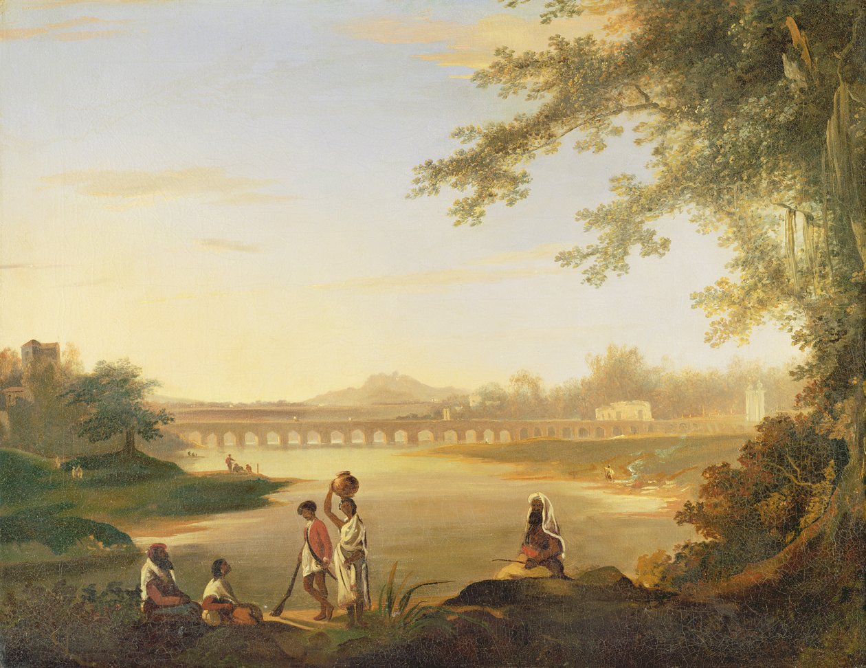 Marmalong-broen med en sepoy og indfødte i forgrunden, ca. 1783 af William Hodges