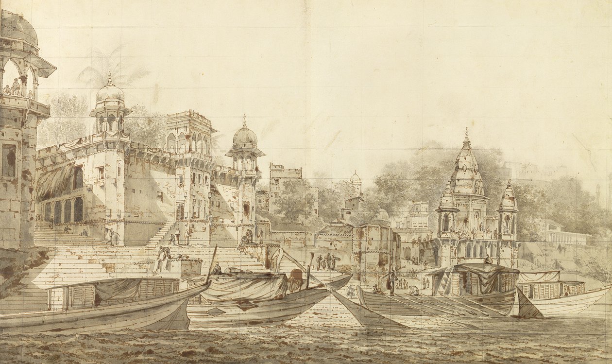 Udsigt over en del af byen Benares, ca. 1781 (grå vask med pensel og blæk over blyant på papir lagt på vaskholder) af William Hodges