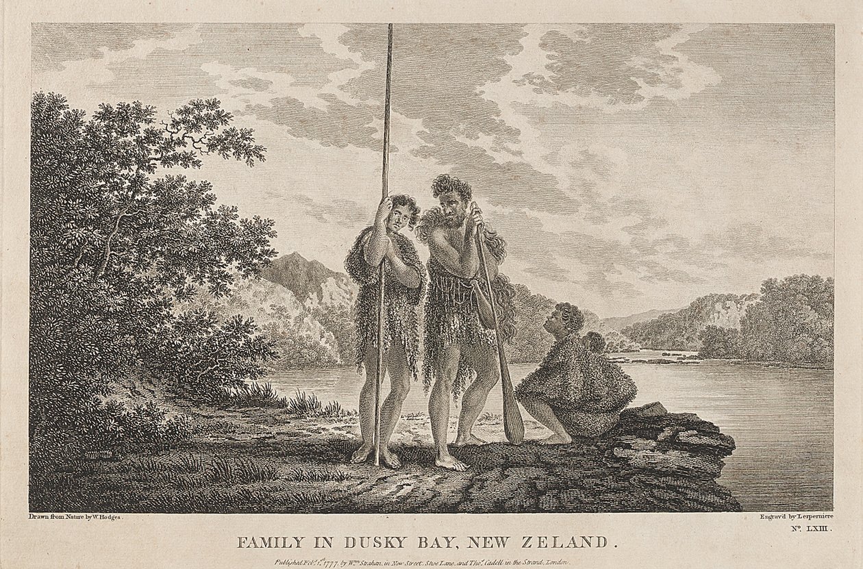 Udsigt over Bay of Islands (Dusky Bay) (New Zealand) med en maori-familie. Gravering (33,9x47,1 cm) efter en tegning af William Hodges (1744-1797), ca. 1785. af William Hodges