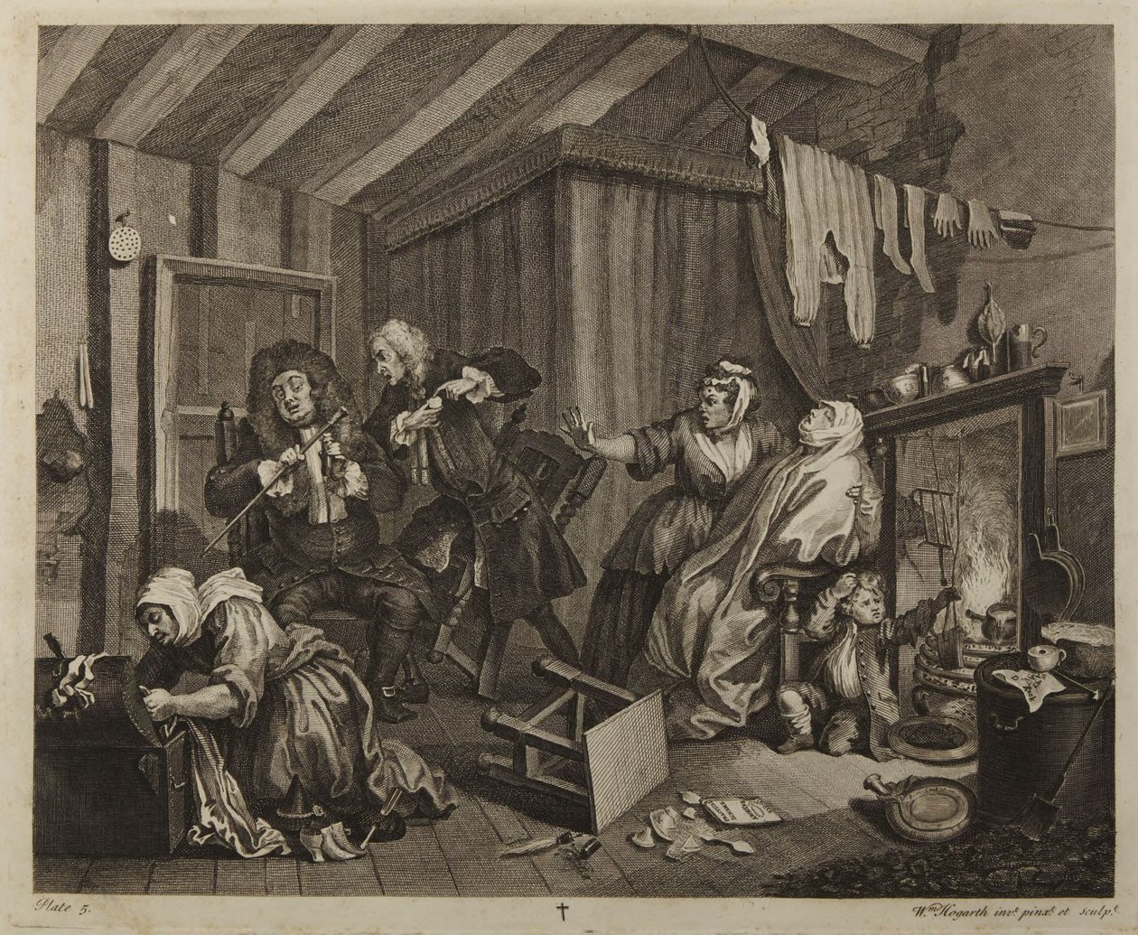 En prostituerets karriere, tavle 5 af William Hogarth