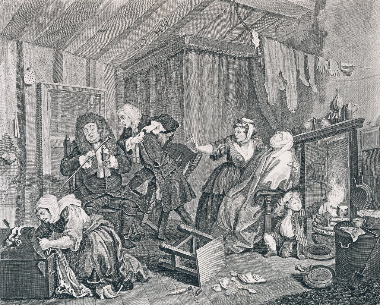 En luders færd, plade fem: Expires while the Doctors are Disputing, 1732 (ætsning og gravering) af William Hogarth