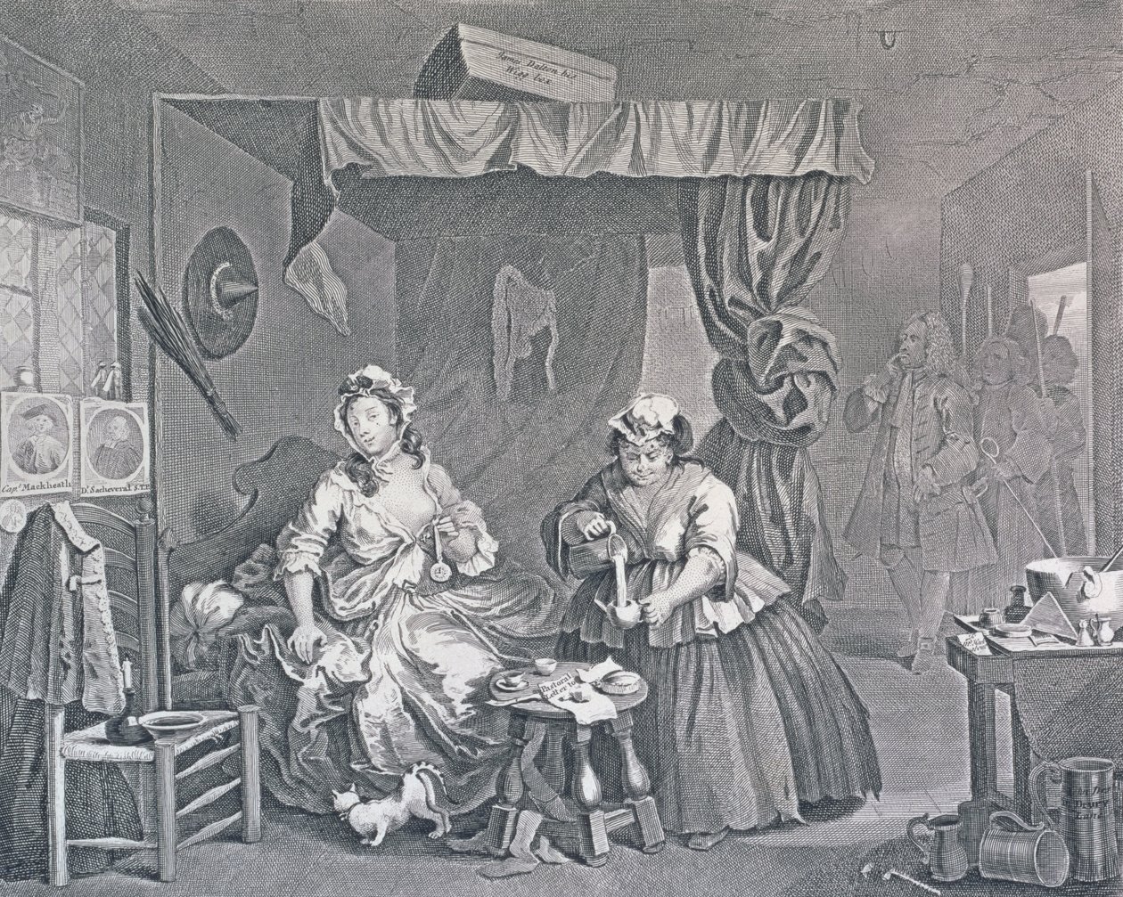 En skøges fremskridt, plade tre: Pågrebet af en dommer, 1732 (ætsning og gravering) af William Hogarth