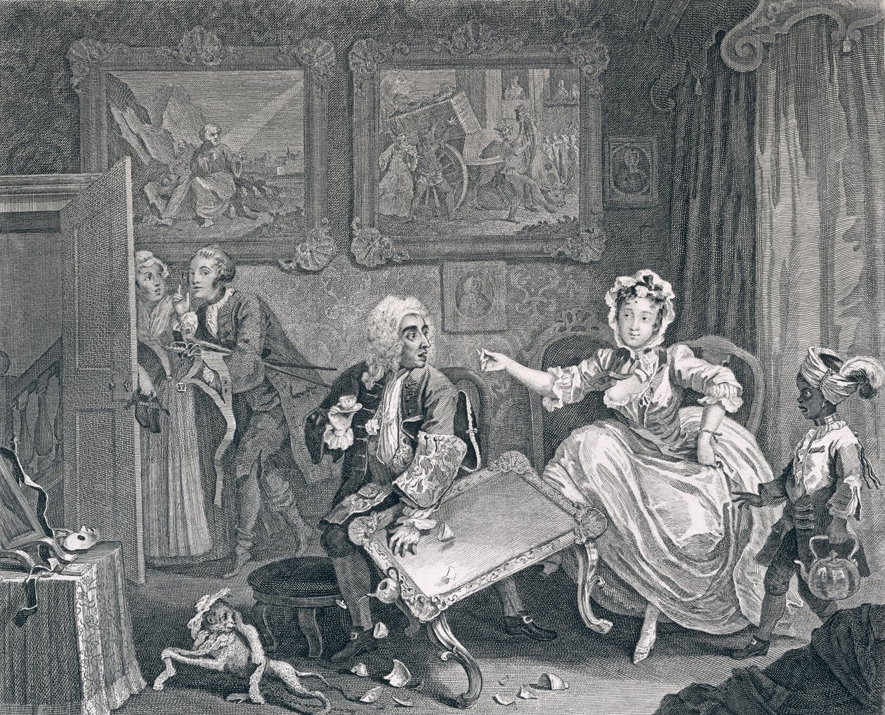 En skøges fremskridt, plade to: skænderier med hendes jødebeskytter, 1732 (ætsning og gravering) af William Hogarth