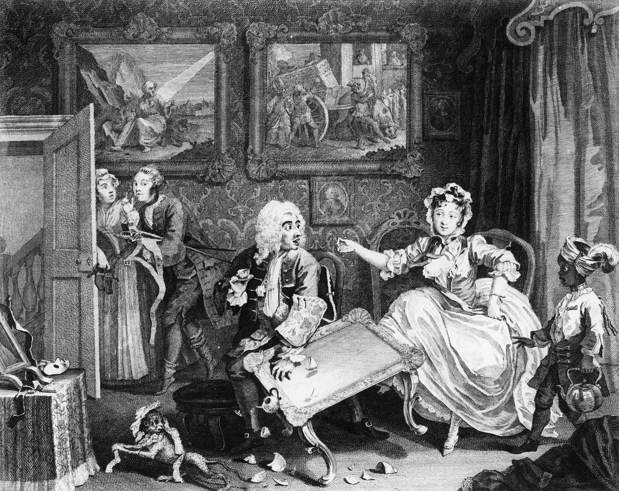 En skøges fremskridt, plade II, skænderier med sin jødebeskytter af William Hogarth