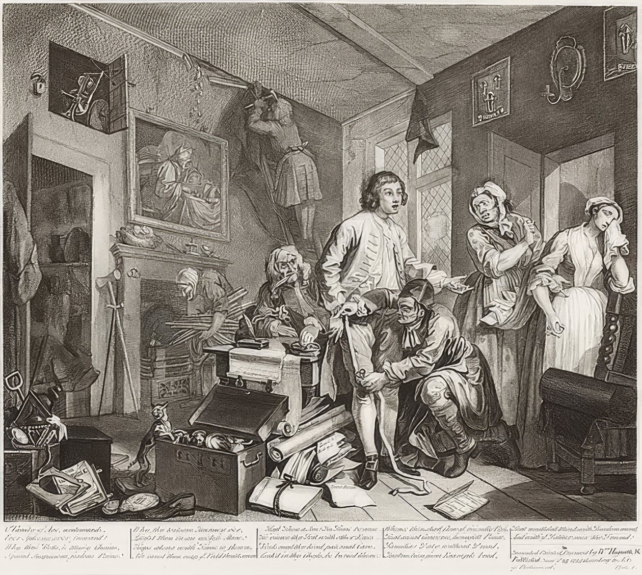 A Rake?s Progress, Tavle 1: The Rake Taking Possession of his Estate / Der Weg eines Liederlichen, Blatt 1: Die Erbschaft. 1735 af William Hogarth