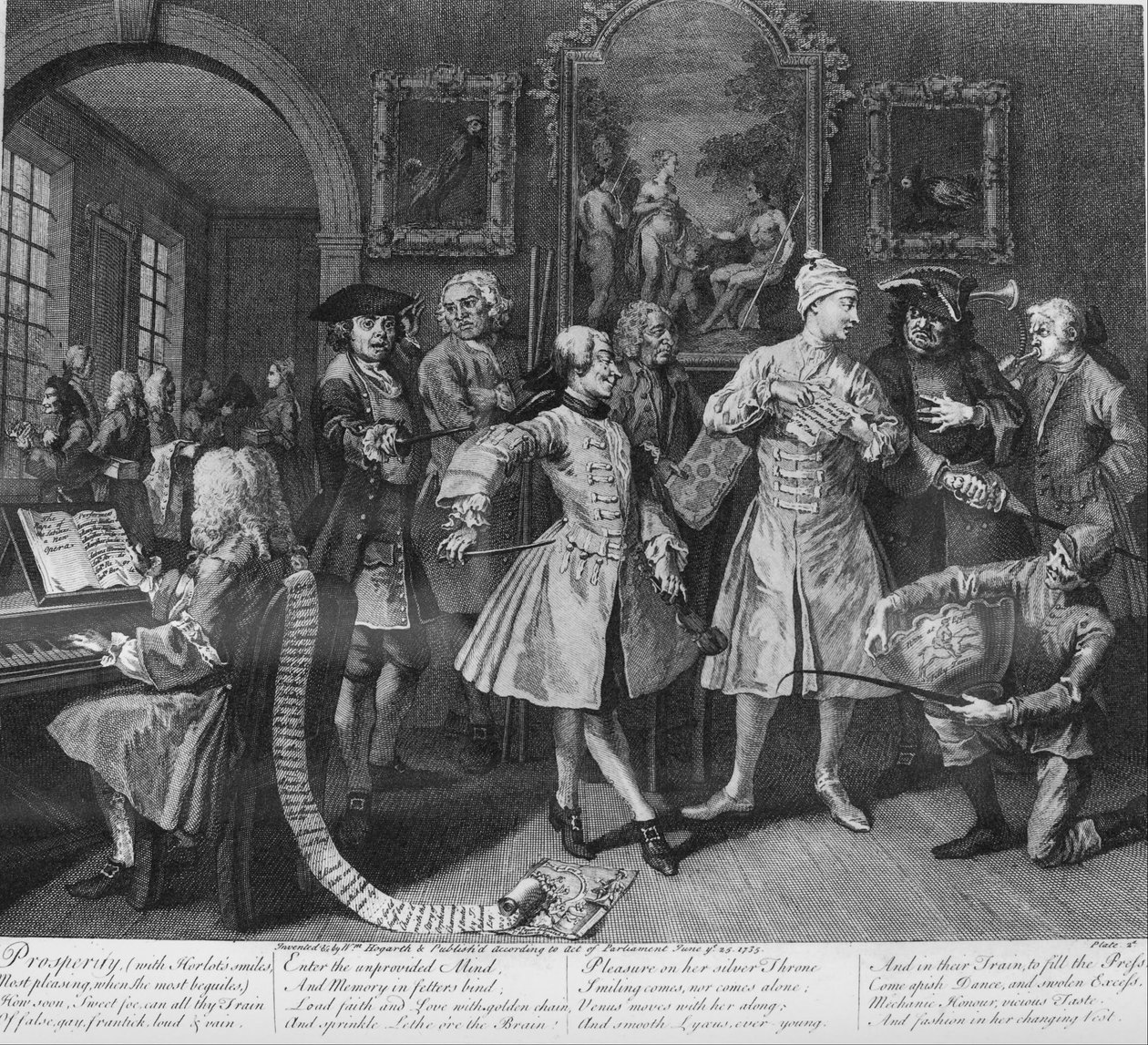 En rakes fremgang, plade 2, omgivet af kunstnere og professorer af William Hogarth