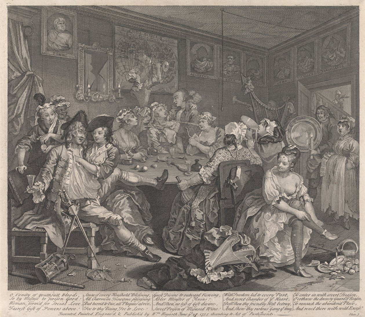 En libertiners liv, tavle 3: Han svælger af William Hogarth