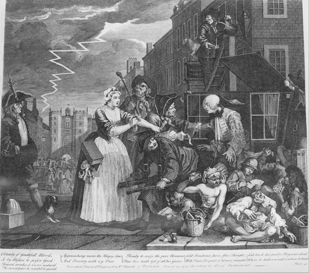 A Rakes fremgang, plade 4, anholdt for gæld af William Hogarth