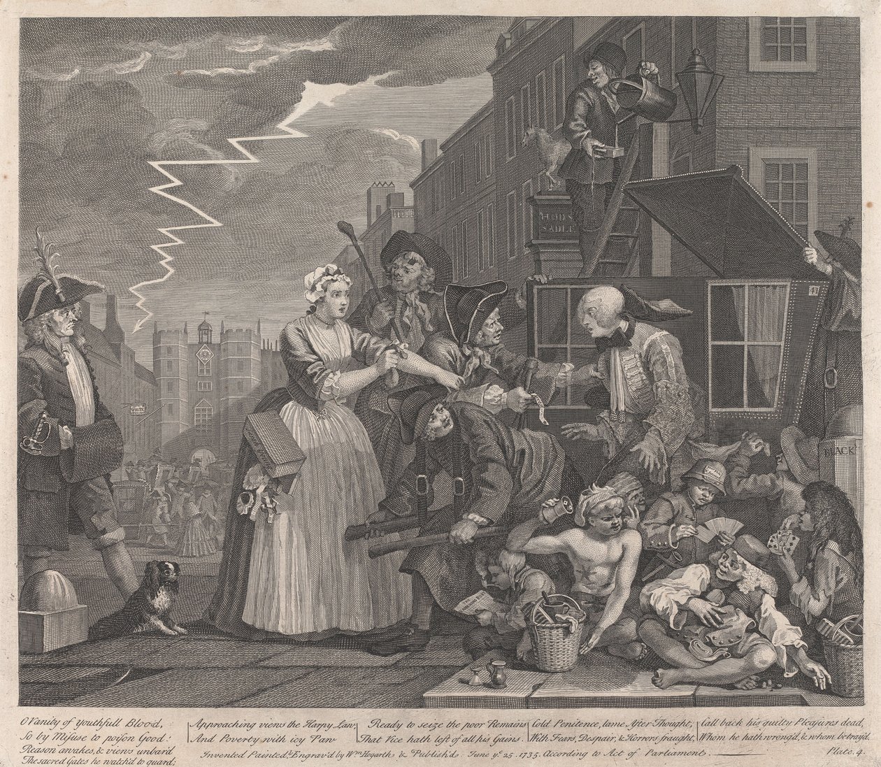 En levemands karriere, planche 4: går i retten af William Hogarth