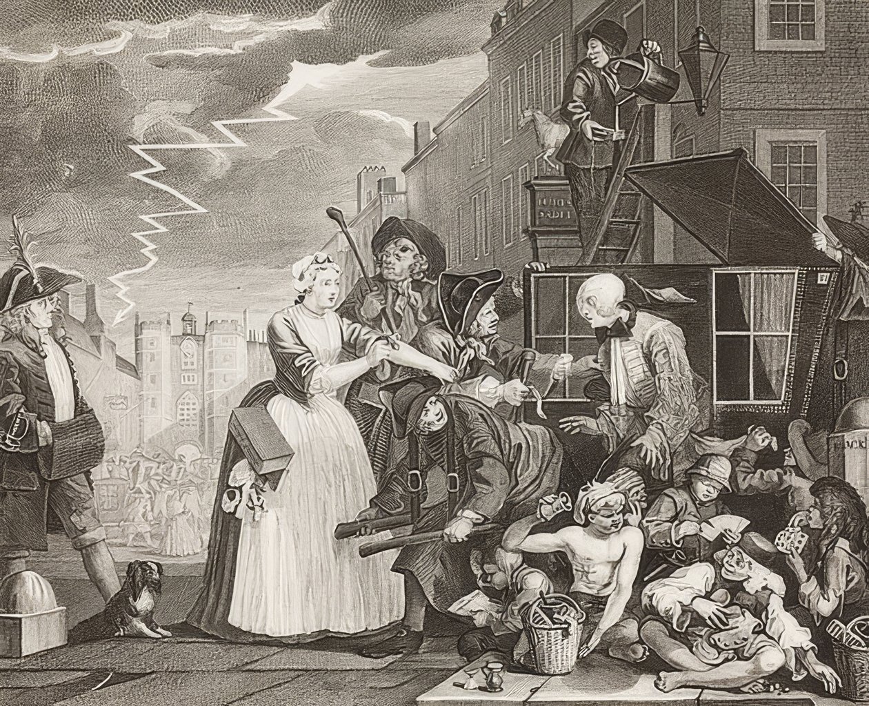 A Rake?S Fremskridt, Plade 4: The Rake Arrested, Going to Court / Der Weg eines Liederlichen, Blatt 4: Tom Rakewell arresteret og reddet. 1735 af William Hogarth