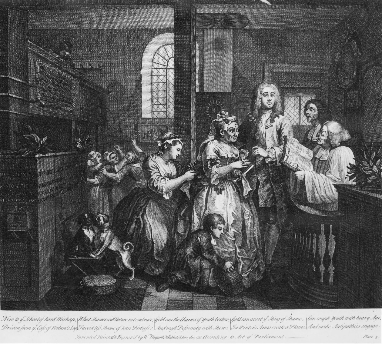 A Rakes fremgang, plade 5, gift med en gammel stuepige af William Hogarth