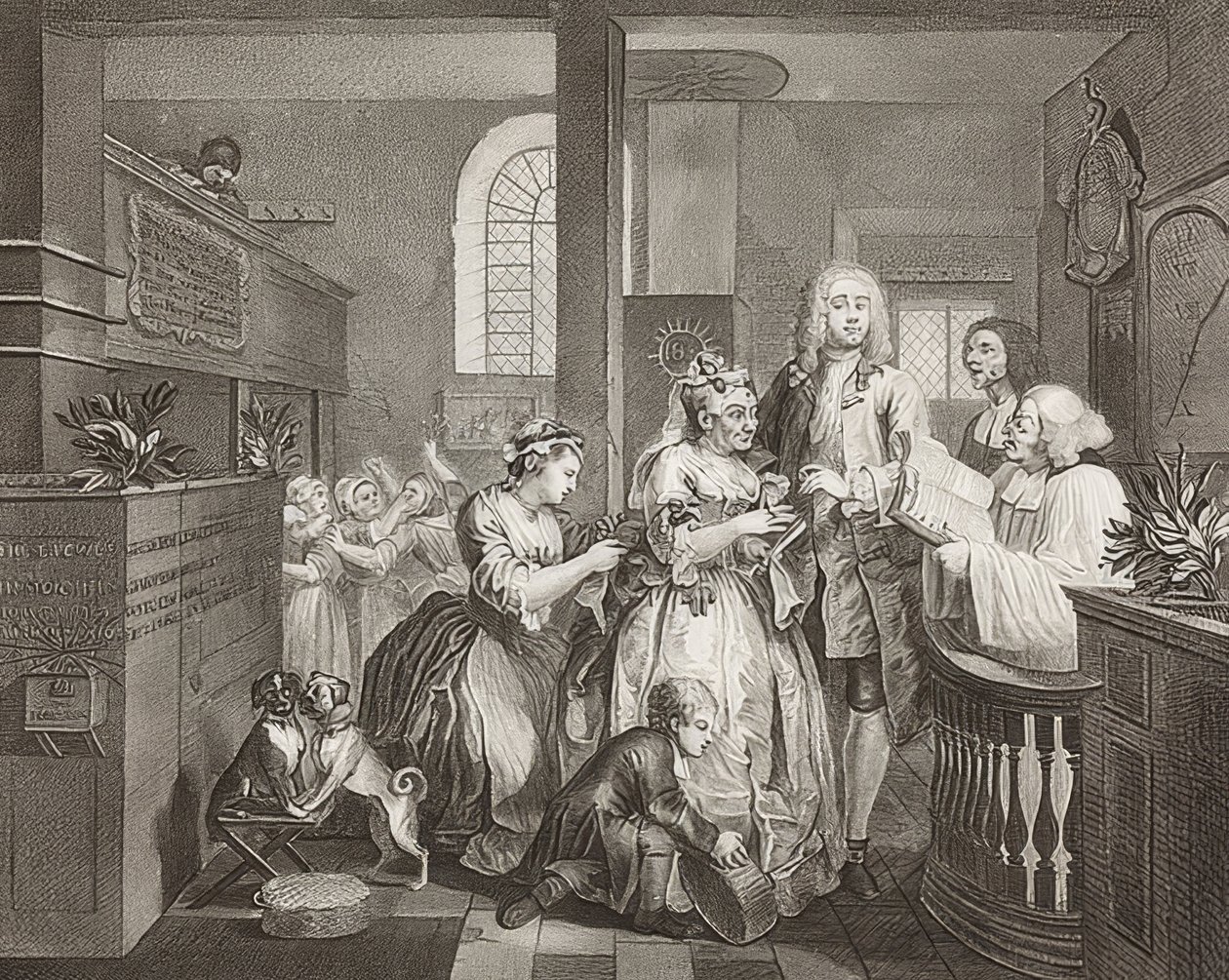 A Rake? S Progress, Plade 5: The Rake Marrying an Old Woman / The Path of a Dissolute, Blad 5: Tom Rakewell gifter sig med en rig gammel kvinde). 1735 af William Hogarth