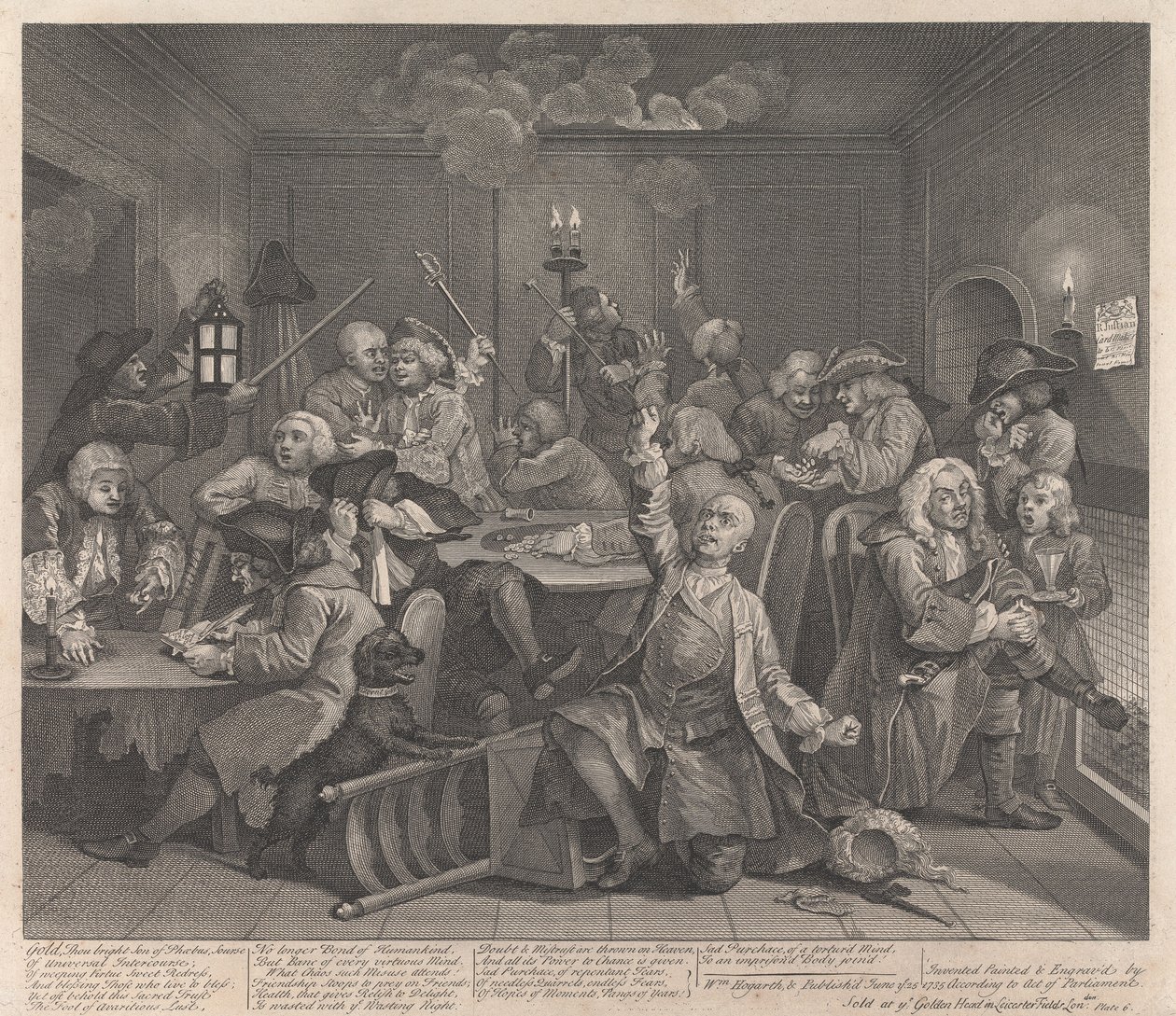 En skørtejægers karriere, tavle 6: Han spiller af William Hogarth