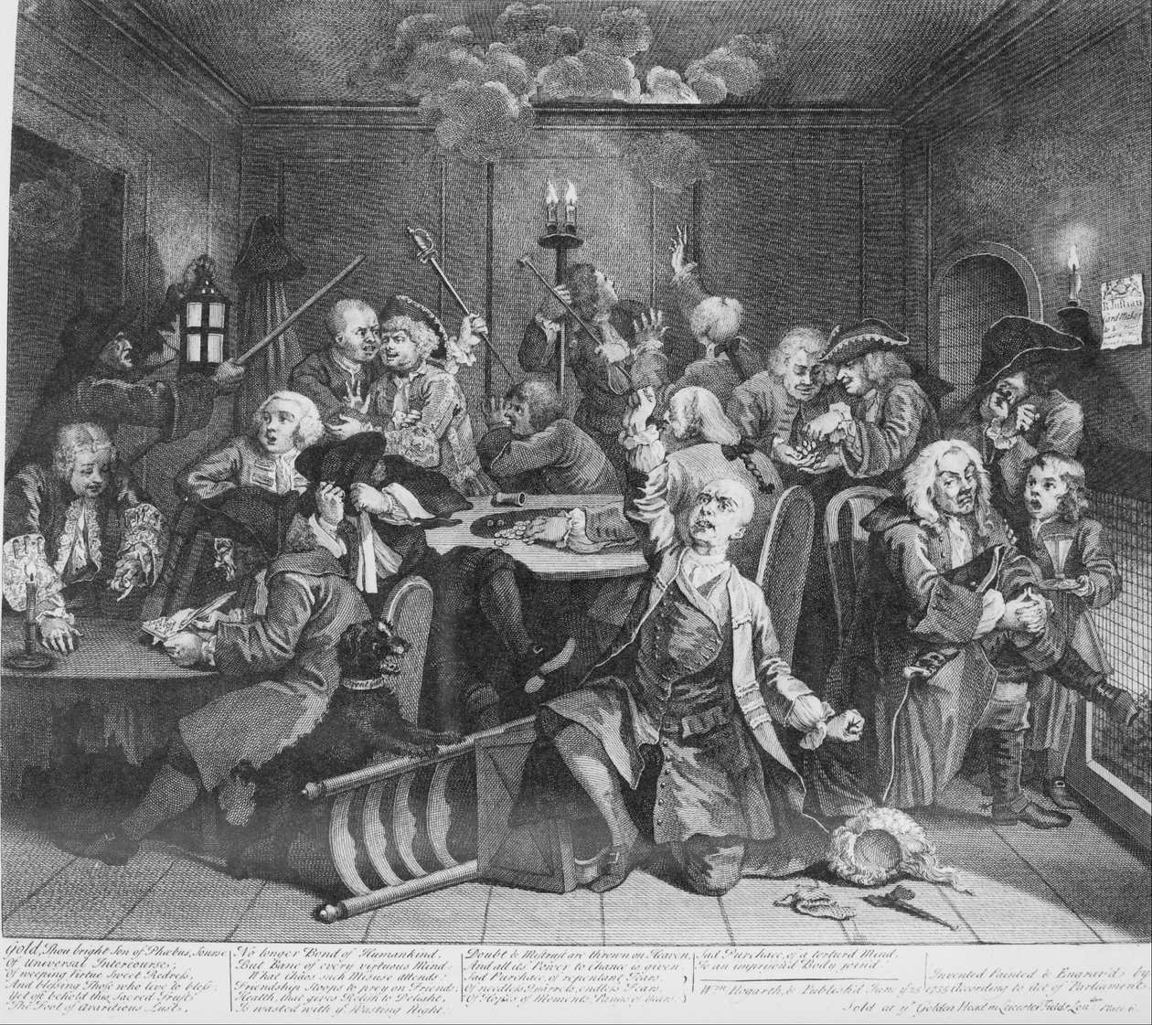 A Rakes fremgang, plade 6, scene i et spillehus af William Hogarth