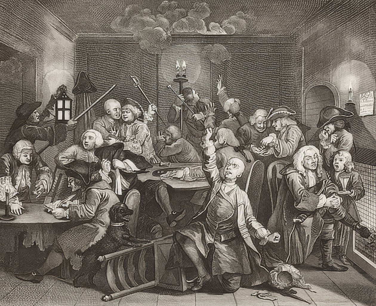 A Rake? S Fremskridt, Plade 6: The Rake at a Gaming House / Der Weg eines Liederlichen, Blatt 6: Tom Rakewell i en spillehule. 1735 af William Hogarth