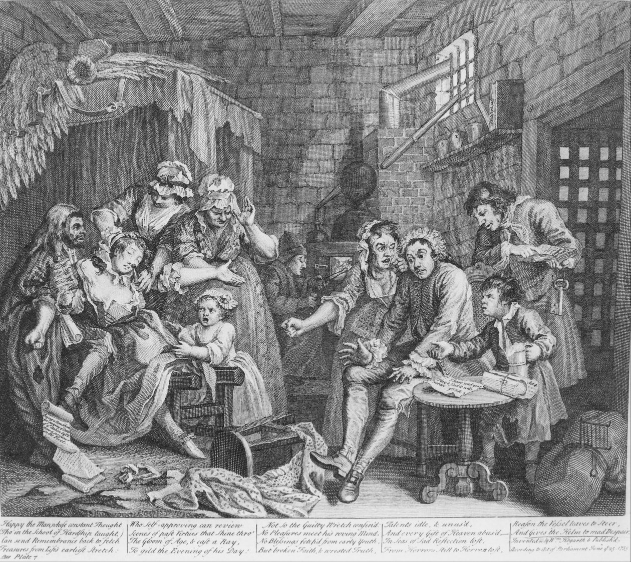 En rakes fremgang, plade 7, fængselsscenen af William Hogarth